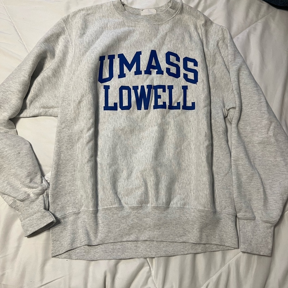 Champion Gray Crewneck Sweater with Blue Print